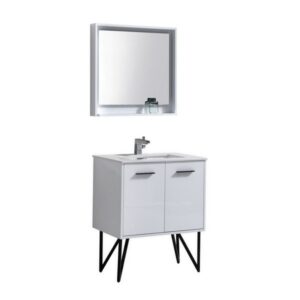 Kubebath KB30GW Bosco 30 Inch Modern Bathroom Vanity with Quartz Countertop and Matching Mirror