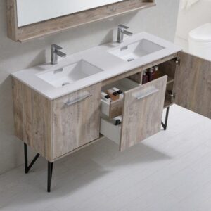 Kubebath KB60DNW Bosco 60 Inch Double Sink Modern Bathroom Vanity with Quartz Countertop and Matching Mirror