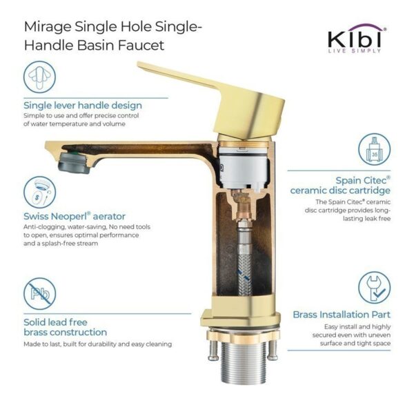 KIBI USA KBF1001 Mirage 6 3/8 Inch Single Hole Deck Mounted Lead Free Solid Brass Single Handle Bathroom Vanity Faucet with Hose