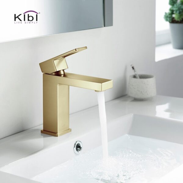 KIBI USA KBF1002 Cubic 6 3/4 Inch Single Hole Deck Mounted Solid Brass Single-Handle Bathroom Vanity Sink Faucet with Water Hose