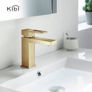 KIBI USA KBF1002 Cubic 6 3/4 Inch Single Hole Deck Mounted Solid Brass Single-Handle Bathroom Vanity Sink Faucet with Water Hose