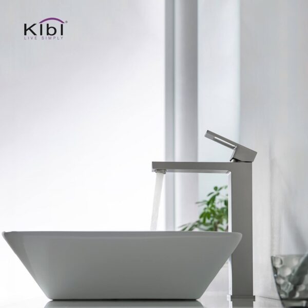 KIBI USA KBF1003 Cubic 12 3/8 Inch Single Hole Deck Mounted Lead Free Solid Brass Single Handle Bathroom Vanity Sink Faucet with Water Hose