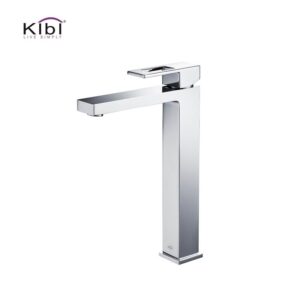 KIBI USA KBF1003 Cubic 12 3/8 Inch Single Hole Deck Mounted Lead Free Solid Brass Single Handle Bathroom Vanity Sink Faucet with Water Hose