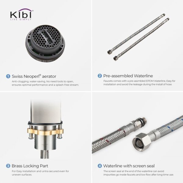 KIBI USA KBF1006 Infinity 6 1/4 Inch Single Hole Deck Mounted Lead Free Solid Brass Single Handle Bathroom Vanity Sink Faucet with Water Hose