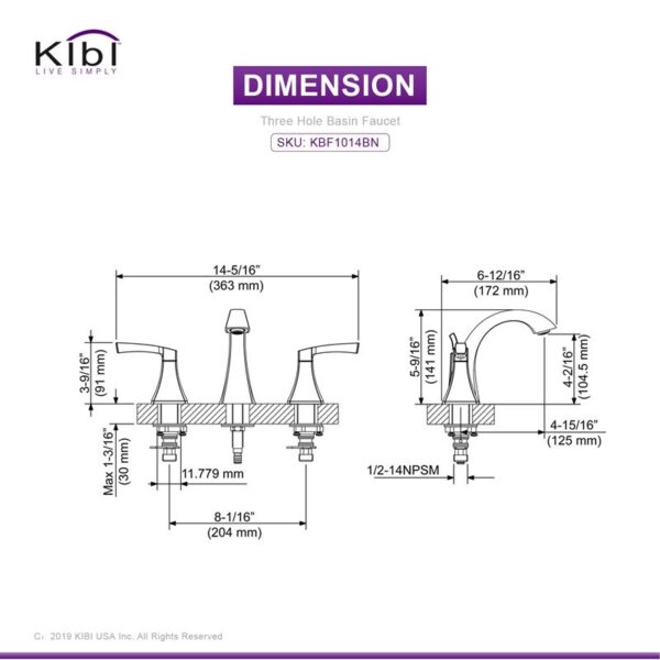 KIBI USA KBF1014 Pyramid 5 5/8 Inch Three Hole Widespread Lead Free Solid Brass Double Handle Bathroom Faucet with Water Hose