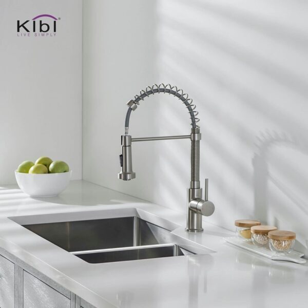 KIBI USA KKF2003 Aurora 17 Inch Single Hole Deck Mount Single Handle High Arc Pull-Down Kitchen Faucet with Sprayer