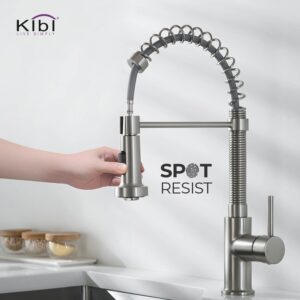 KIBI USA KKF2003 Aurora 17 Inch Single Hole Deck Mount Single Handle High Arc Pull-Down Kitchen Faucet with Sprayer