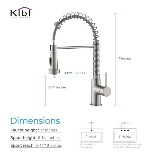 KIBI USA KKF2003 Aurora 17 Inch Single Hole Deck Mount Single Handle High Arc Pull-Down Kitchen Faucet with Sprayer