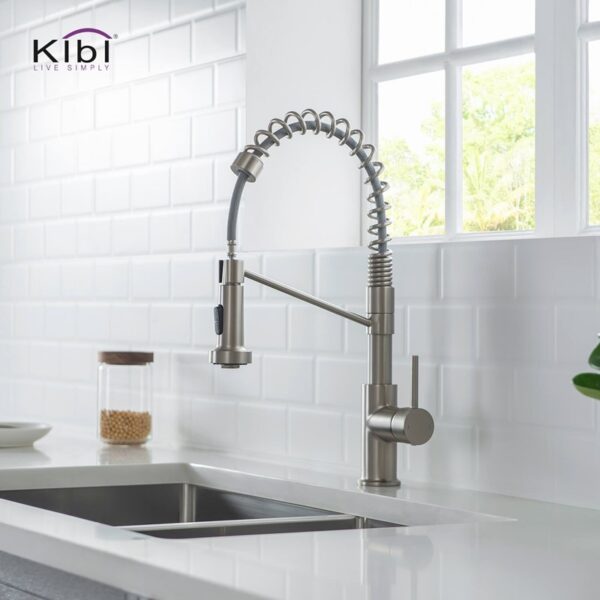 KIBI USA KKF2004 Lodi 19 1/8 Inch Single Hole Deck Mount Pull-Out Single Level Lead Free Brass Kitchen Faucet with Sprayer and Magnetic Docking