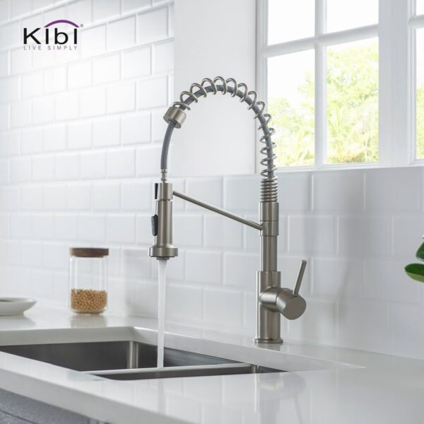 KIBI USA KKF2004 Lodi 19 1/8 Inch Single Hole Deck Mount Pull-Out Single Level Lead Free Brass Kitchen Faucet with Sprayer and Magnetic Docking