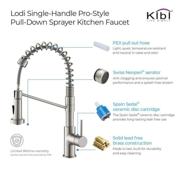 KIBI USA KKF2004 Lodi 19 1/8 Inch Single Hole Deck Mount Pull-Out Single Level Lead Free Brass Kitchen Faucet with Sprayer and Magnetic Docking