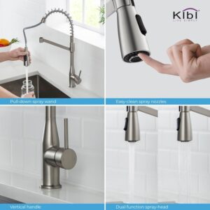 KIBI USA KKF2006 Largo 21 1/4 Inch Single Hole Deck Mount High Arc Pull-Out Single Level Lead Free Brass Kitchen Faucet with Sprayer and Magnetic Docking