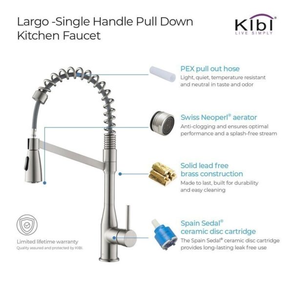 KIBI USA KKF2006 Largo 21 1/4 Inch Single Hole Deck Mount High Arc Pull-Out Single Level Lead Free Brass Kitchen Faucet with Sprayer and Magnetic Docking