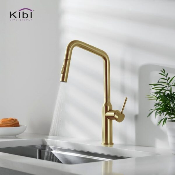 KIBI USA KKF2007 Macon 17 1/8 Inch Single Hole Deck Mount Brass High Arc Single Level Kitchen Faucet with Pull-Out Sprayer