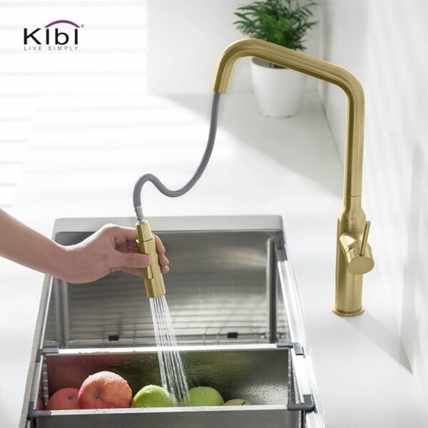 KIBI USA KKF2007 Macon 17 1/8 Inch Single Hole Deck Mount Brass High Arc Single Level Kitchen Faucet with Pull-Out Sprayer