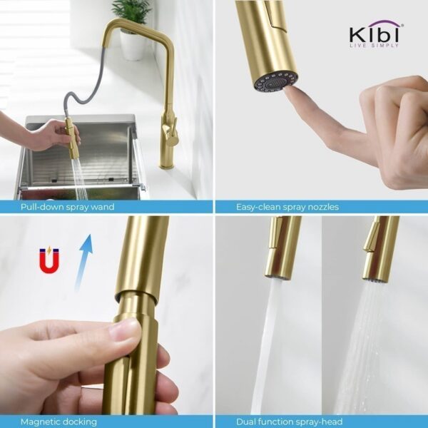 KIBI USA KKF2007 Macon 17 1/8 Inch Single Hole Deck Mount Brass High Arc Single Level Kitchen Faucet with Pull-Out Sprayer