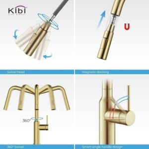 KIBI USA KKF2007 Macon 17 1/8 Inch Single Hole Deck Mount Brass High Arc Single Level Kitchen Faucet with Pull-Out Sprayer