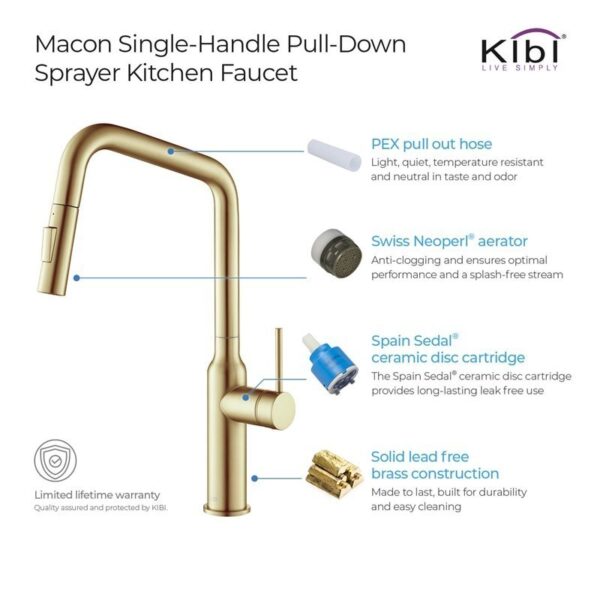 KIBI USA KKF2007 Macon 17 1/8 Inch Single Hole Deck Mount Brass High Arc Single Level Kitchen Faucet with Pull-Out Sprayer