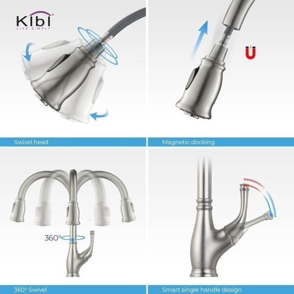 KIBI USA KKF2009 Summit 16 3/8 Inch Single Hole Deck Mount High Arc Pull-Out Single Level Lead Free Brass Kitchen Faucet with Sprayer and Magnetic Docking