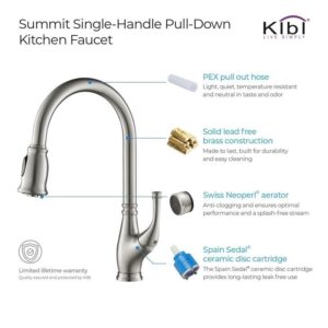 KIBI USA KKF2009 Summit 16 3/8 Inch Single Hole Deck Mount High Arc Pull-Out Single Level Lead Free Brass Kitchen Faucet with Sprayer and Magnetic Docking