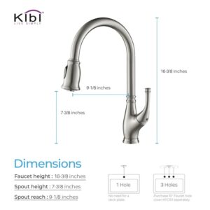 KIBI USA KKF2009 Summit 16 3/8 Inch Single Hole Deck Mount High Arc Pull-Out Single Level Lead Free Brass Kitchen Faucet with Sprayer and Magnetic Docking