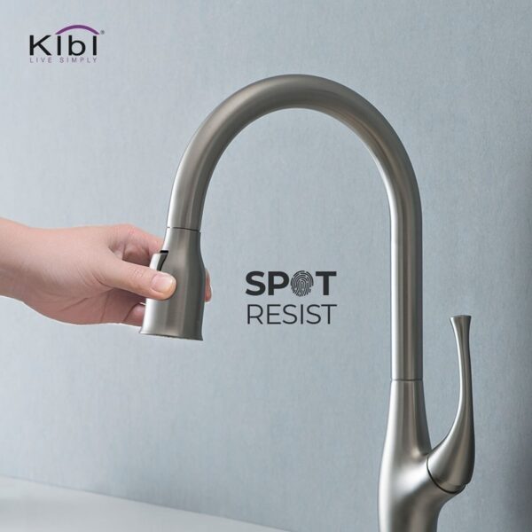 KIBI USA KKF2010 Cedar 16 3/4 Inch Single Hole Deck Mount High Arc Pull-Out Single Level Lead Free Brass Kitchen Faucet with Sprayer and Magnetic Docking