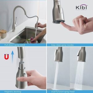 KIBI USA KKF2010 Cedar 16 3/4 Inch Single Hole Deck Mount High Arc Pull-Out Single Level Lead Free Brass Kitchen Faucet with Sprayer and Magnetic Docking