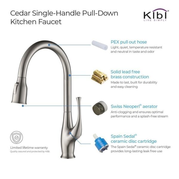 KIBI USA KKF2010 Cedar 16 3/4 Inch Single Hole Deck Mount High Arc Pull-Out Single Level Lead Free Brass Kitchen Faucet with Sprayer and Magnetic Docking