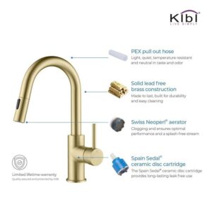 KIBI USA KKF2011 Luxe 13 1/2 Inch Single Hole Deck Mount Pull-Down Kitchen Faucet with Sprayer and Magnetic Docking