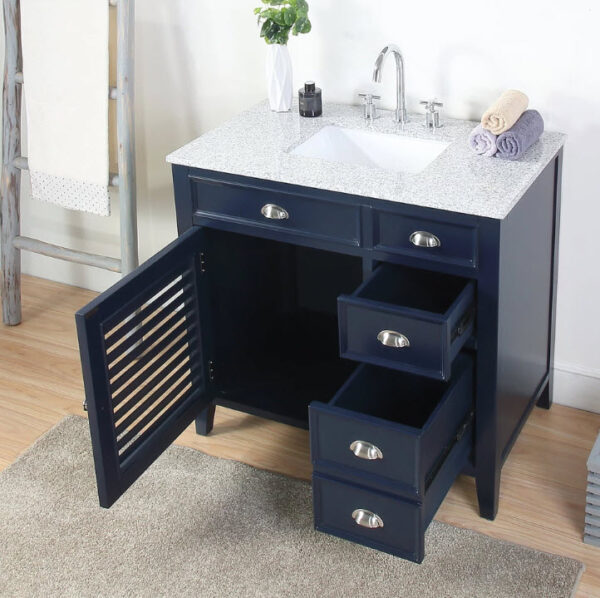 Chans Furniture NB-6685RA 36 Inch Benton Collection Zapata Navy Blue Shutter Blind Bathroom Vanity with Grey Granite Top