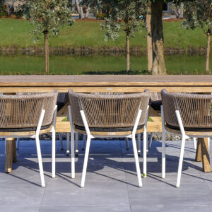 OUTSY Santino + Melina 7-Piece Outdoor Dining Set - Wood Dining Table and 6 Rope Backing Chairs with Milk and Coffee Legs