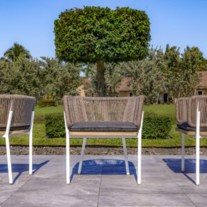 OUTSY Santino + Melina 7-Piece Outdoor Dining Set - Wood Dining Table and 6 Rope Backing Chairs with Milk and Coffee Legs