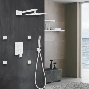 Kubebath KB WR2004JHH3V Aqua Piazza Brass Shower Set with 8 Inch Square Rain Shower, 4 Body Jets and Handheld