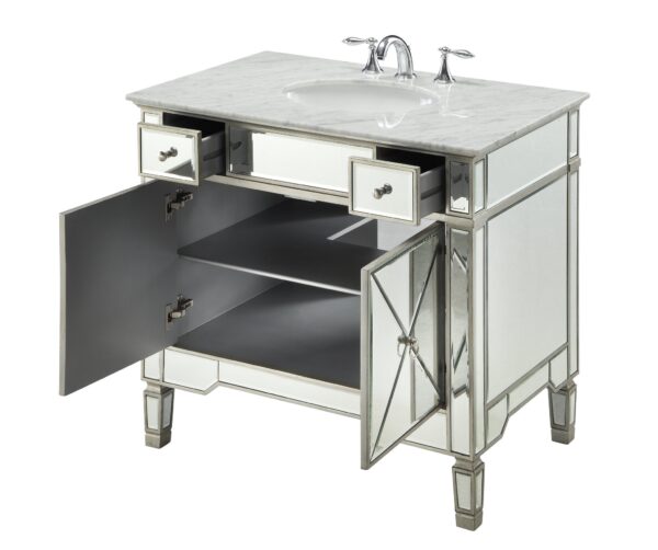 Chans Furniture YR-023RA-36 Ashlyn 36 Inch Silver Mirrored Bathroom Sink Vanity, Carrera Marble Countertop