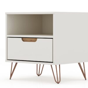 Manhattan Comfort Rockefeller 1.0 Mid-Century- Modern Nightstand with 1-Drawer in Off White and Nature