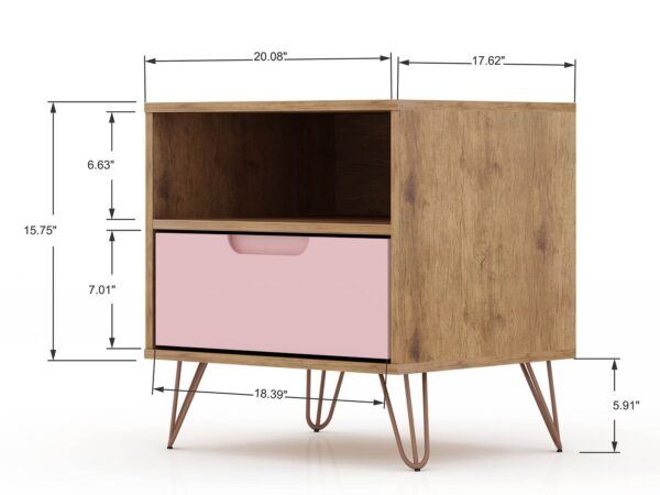 Manhattan Comfort Rockefeller 1.0 Mid-Century- Modern Nightstand with 1-Drawer in Nature and Rose Pink