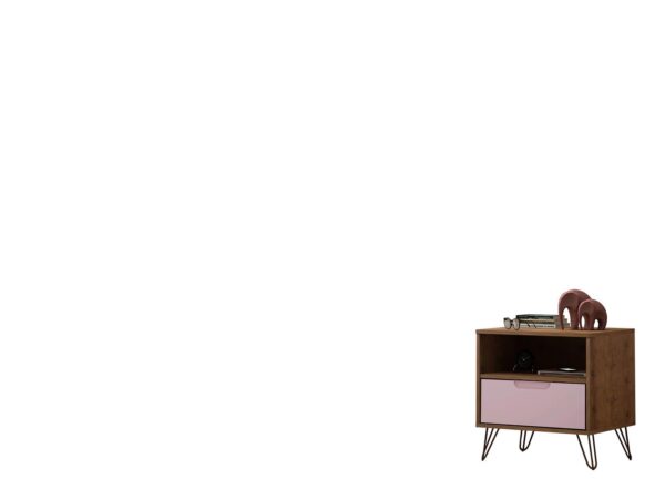 Manhattan Comfort Rockefeller 1.0 Mid-Century- Modern Nightstand with 1-Drawer in Nature and Rose Pink