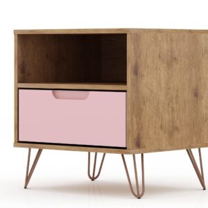 Manhattan Comfort Rockefeller 1.0 Mid-Century- Modern Nightstand with 1-Drawer in Nature and Rose Pink