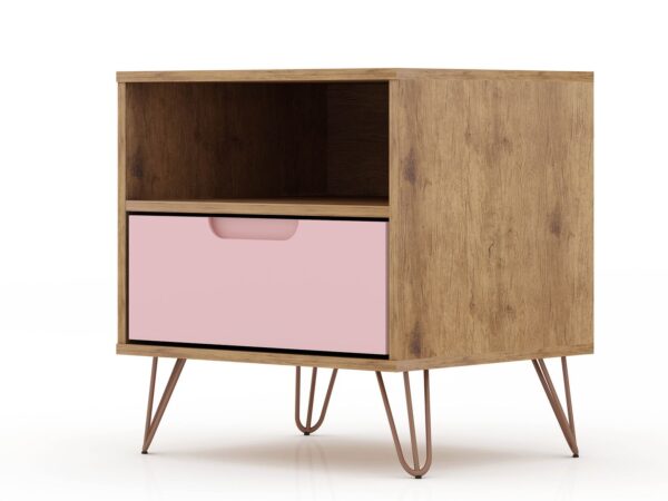 Manhattan Comfort Rockefeller 1.0 Mid-Century- Modern Nightstand with 1-Drawer in Nature and Rose Pink