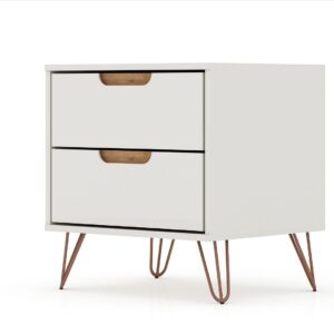 Manhattan Comfort Rockefeller 2.0 Mid-Century- Modern Nightstand with 2-Drawer in Off White and Nature