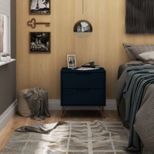 Manhattan Comfort Rockefeller 2.0 Mid-Century- Modern Nightstand with 2-Drawer in Tatiana Midnight Blue