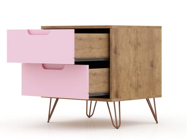 Manhattan Comfort Rockefeller 2.0 Mid-Century- Modern Nightstand with 2-Drawer in Nature and Rose Pink