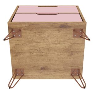 Manhattan Comfort Rockefeller 2.0 Mid-Century- Modern Nightstand with 2-Drawer in Nature and Rose Pink