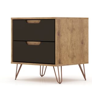 Manhattan Comfort Rockefeller 2.0 Mid-Century- Modern Nightstand with 2-Drawer in Nature and Textured Grey