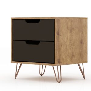 Manhattan Comfort Rockefeller 2.0 Mid-Century- Modern Nightstand with 2-Drawer in Nature and Textured Grey