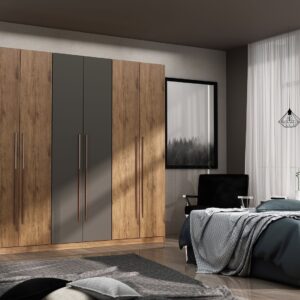 Manhattan Comfort Gramercy Modern Freestanding Wardrobe Armoire Closet in Nature and Textured Grey