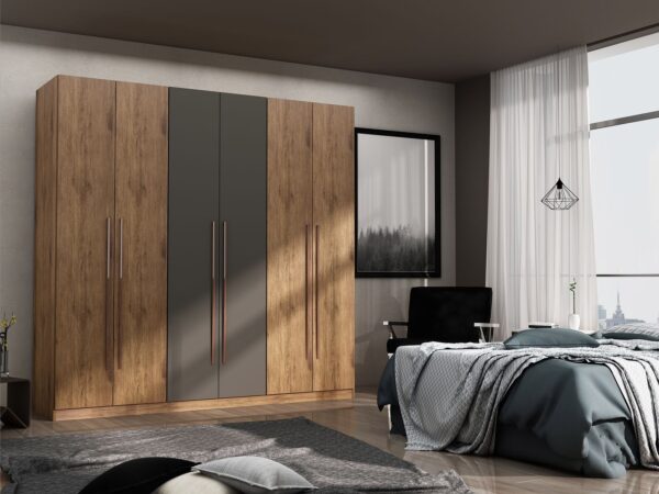 Manhattan Comfort Gramercy Modern Freestanding Wardrobe Armoire Closet in Nature and Textured Grey