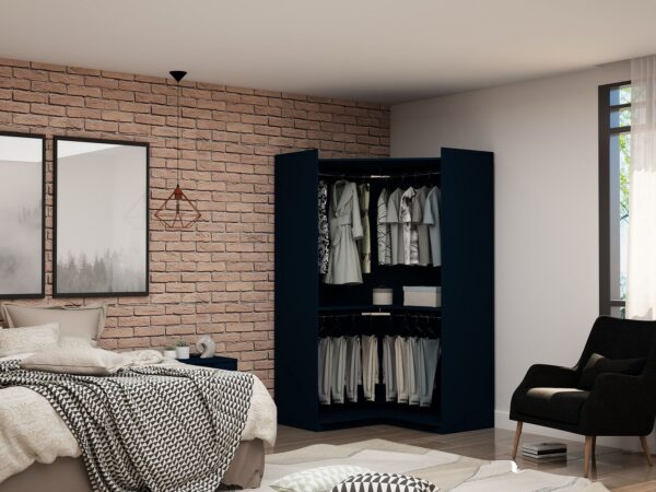 Manhattan Comfort Mulberry Modern Open Corner Closet with 2 Hanging Rods in Tatiana Midnight Blue