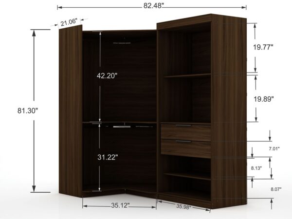 Manhattan Comfort Mulberry Open 2 Sectional Modern Corner Wardrobe Closet with 2 Drawers- Set of 2 in Brown