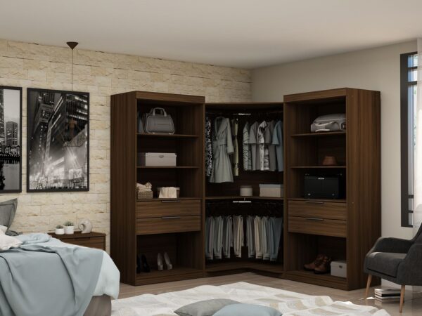 Manhattan Comfort Mulberry Open 3 Sectional Modern Wardrobe Corner Closet with 4 Drawers - Set of 3 in Brown